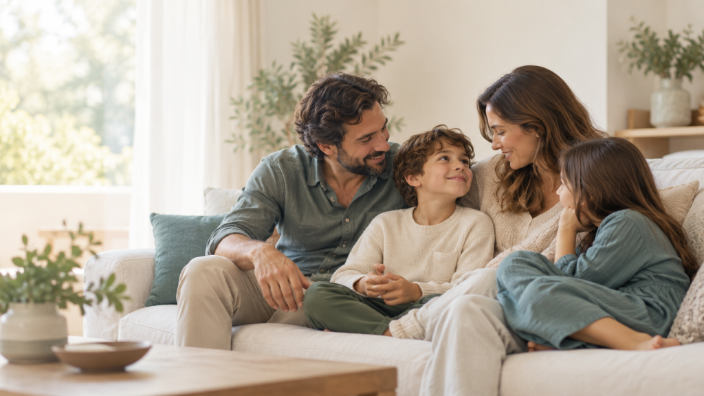Familia conversando en un ambiente cálido y luminoso